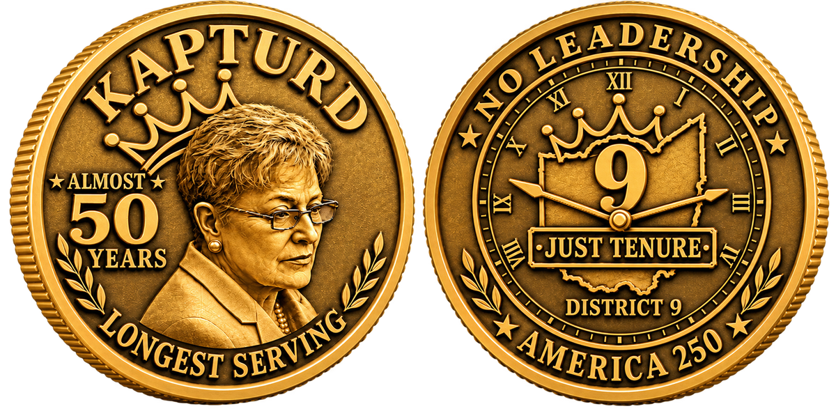 KAPTURD coin, front and back: Almost 50 Years. No Leadership. Just Tenure.